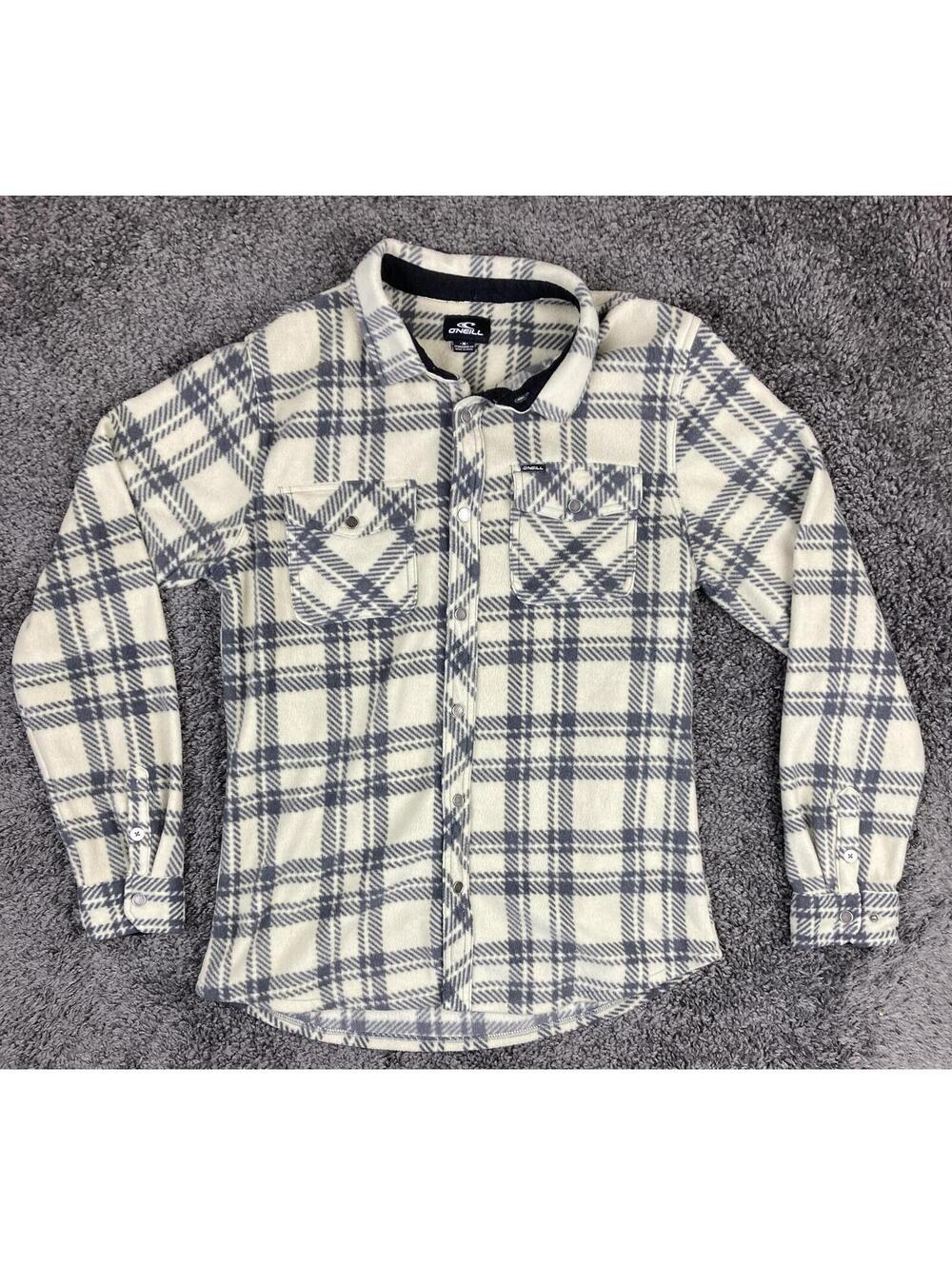O'Neill Super Fleece Snap Flannel Shirt Men's Gray Cream Plaid Sz M